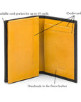 Expandable leather business card case, black with yellow, features