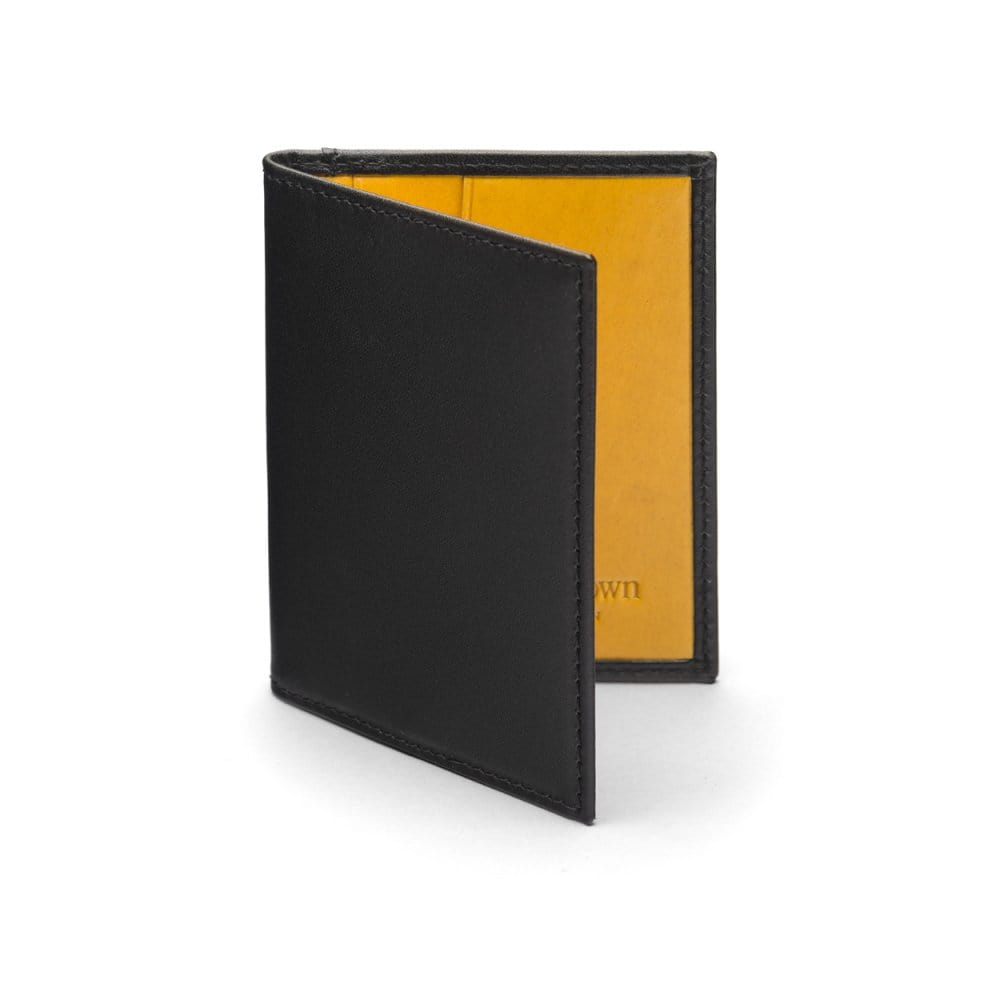 RFID leather credit card holder, black with yellow, front view