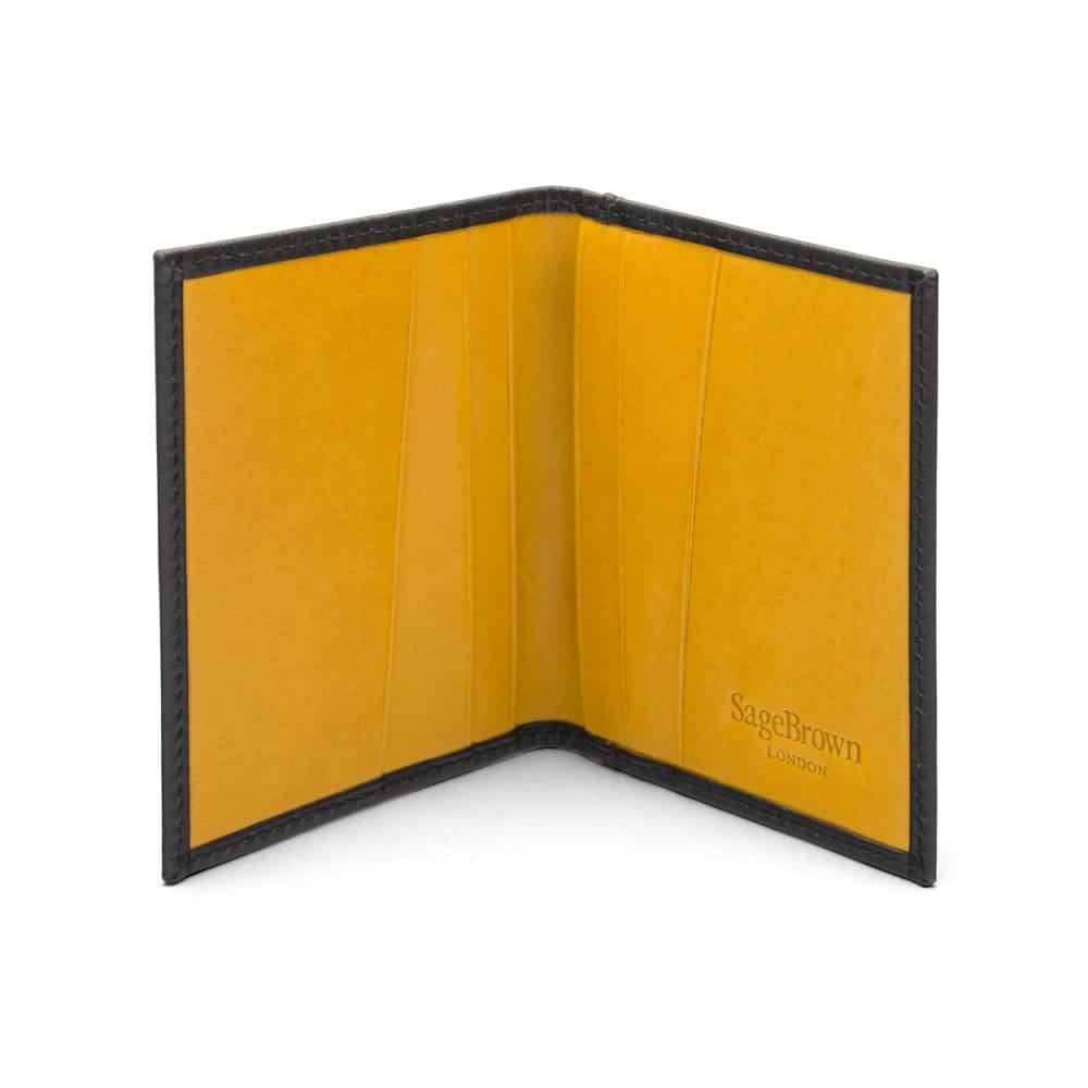 RFID leather credit card holder, black with yellow, inside view