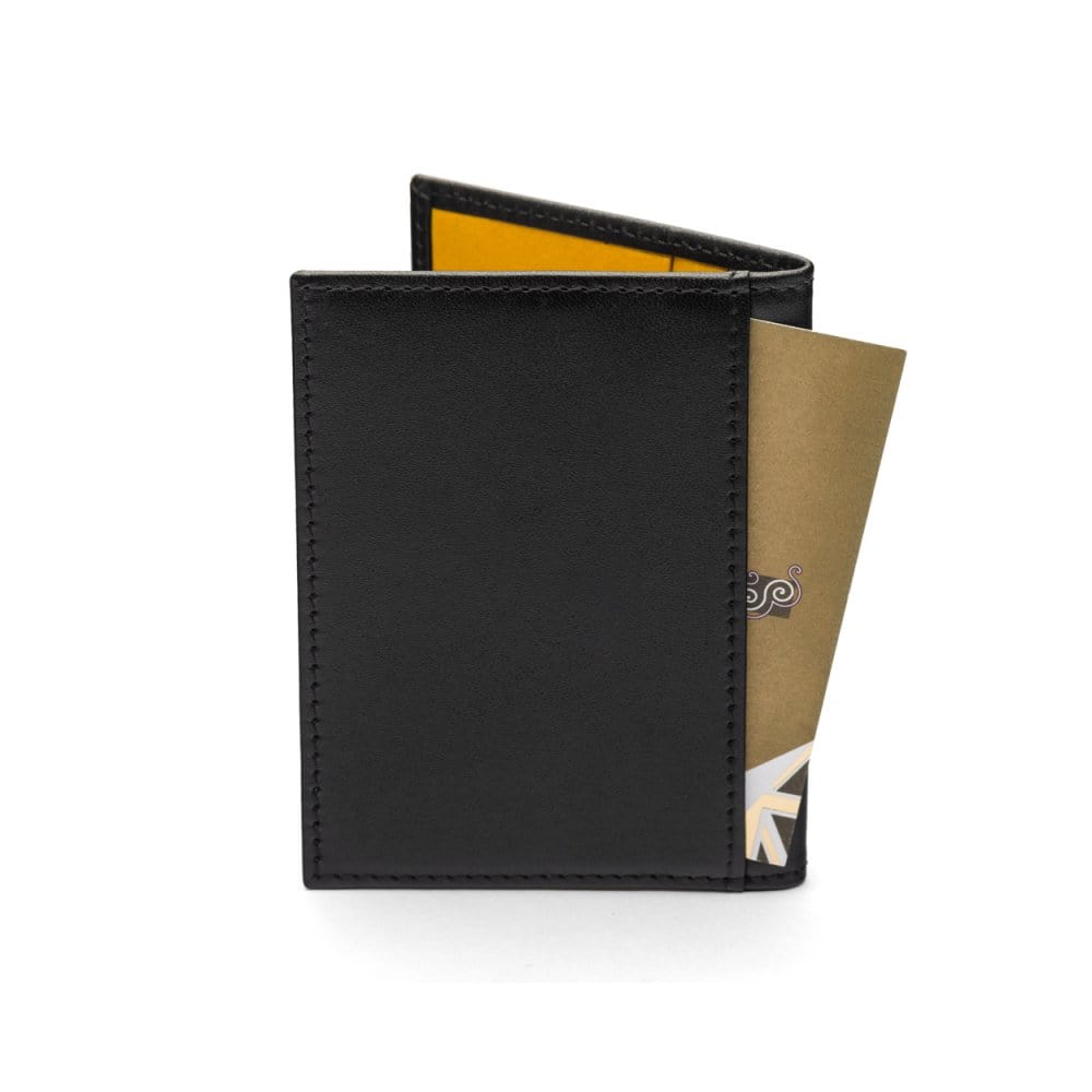 RFID leather credit card holder, black with yellow, back view