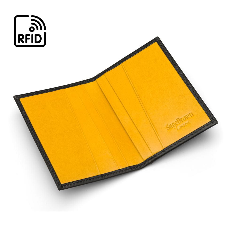RFID leather credit card holder, black with yellow, open view