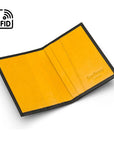 RFID leather credit card holder, black with yellow, open view