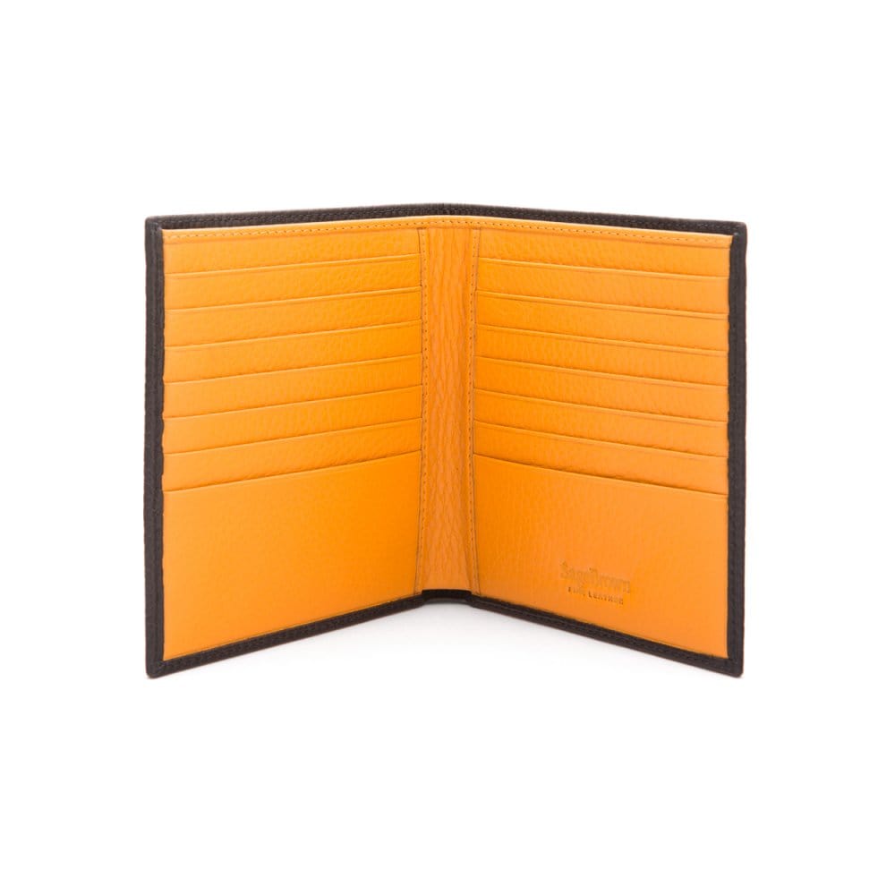 3/4 height leather wallet 14 CC, black with yellow, open