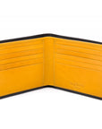 Men's leather billfold wallet, black with yellow, open