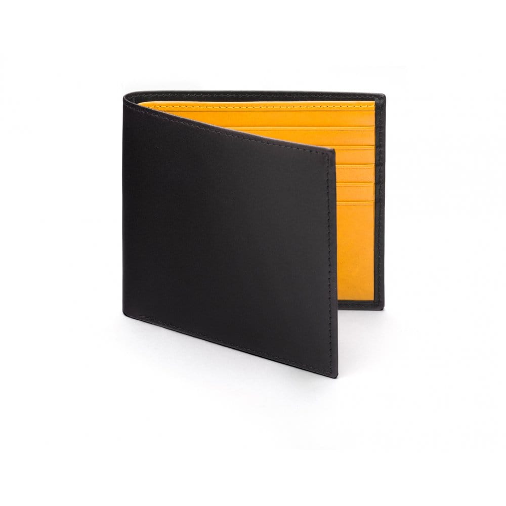 Men's leather billfold wallet, black with yellow, front