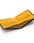 Men's leather billfold wallet, black with yellow, inside