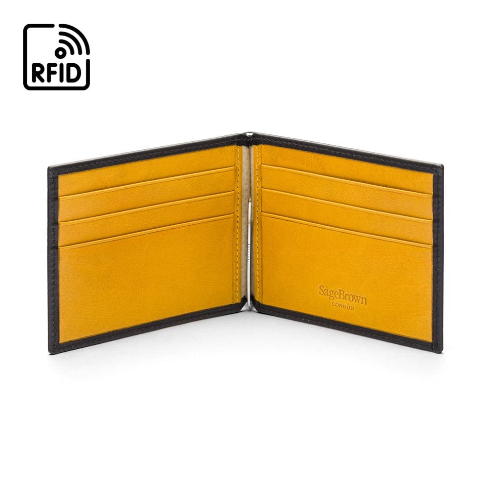 Leather money clip wallet, black with yellow, open view
