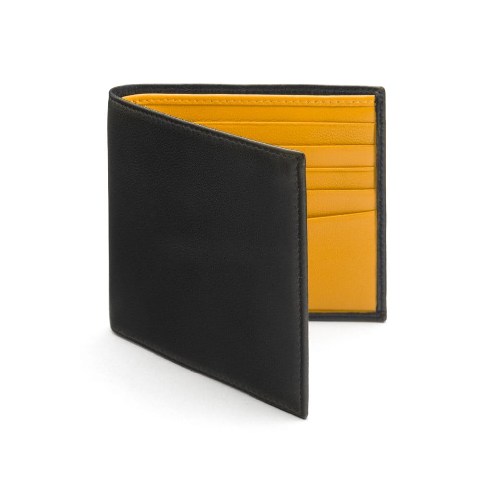 Soft leather wallet with RFID blocking, black with yellow, front