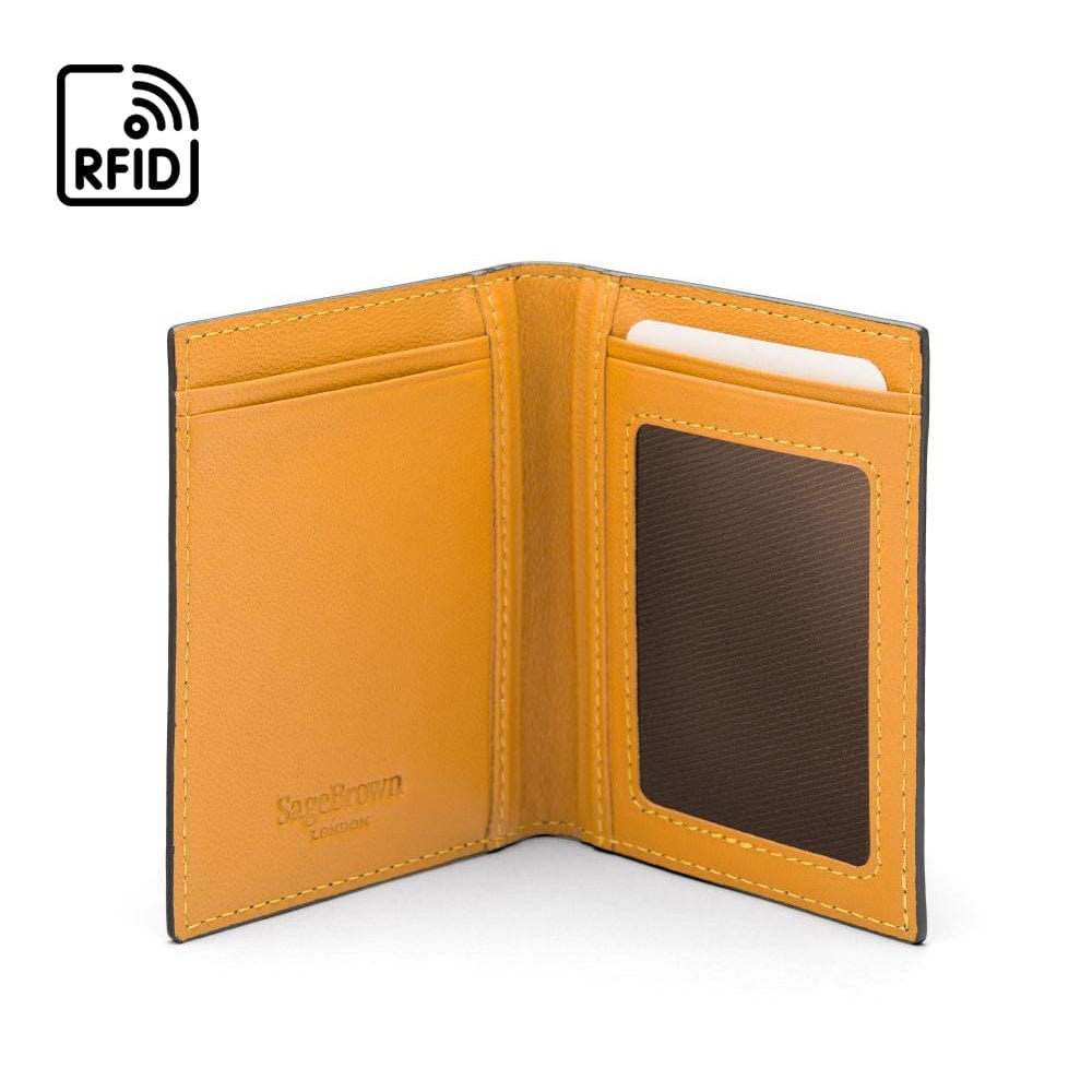 RFID Credit Card Wallet in black with yellow leather, inside view