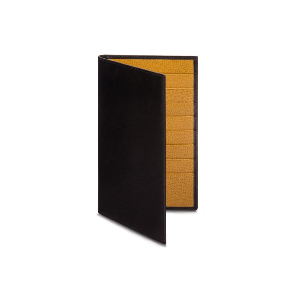Slim tall leather suit wallet, black with yellow, front