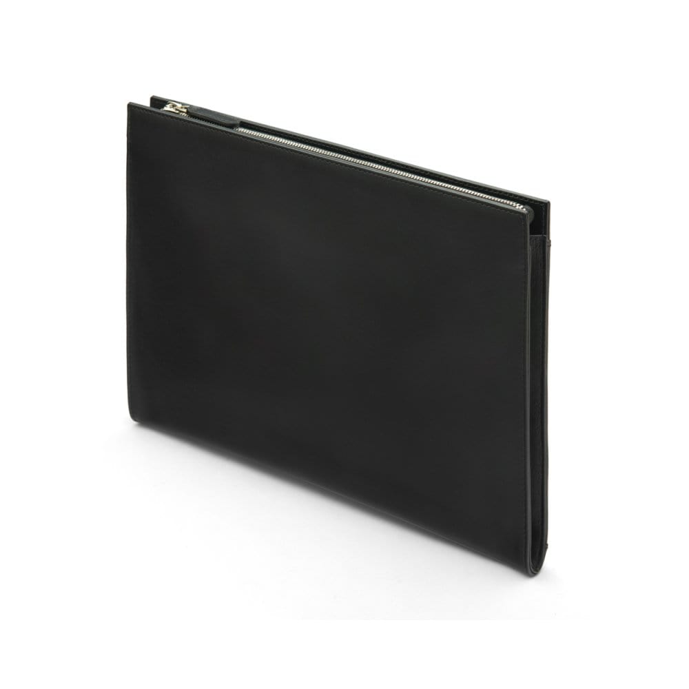 Zip top leather folder, black, side view