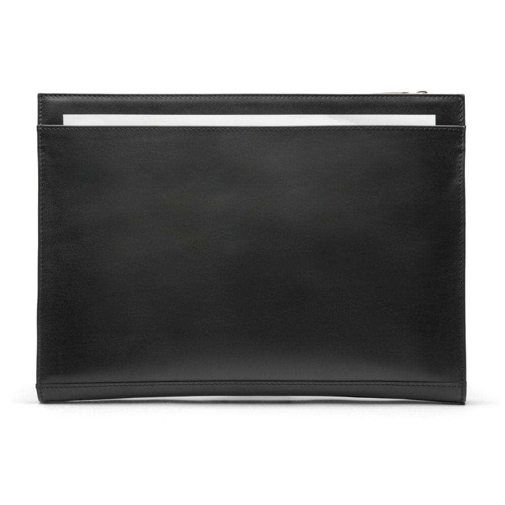 Zip top leather folder, black, front view