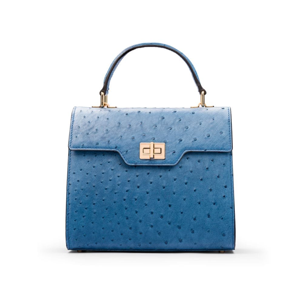 Real ostrich top handle bag, blue, front view