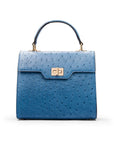 Real ostrich top handle bag, blue, front view