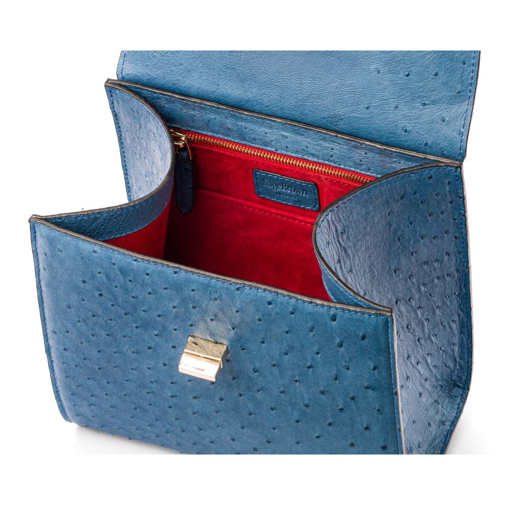 Real ostrich top handle bag, blue, inside view