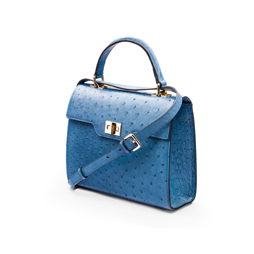 Real ostrich top handle bag, blue, side view