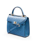 Real ostrich top handle bag, blue, side view