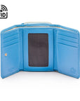 RFID blocking leather tri-fold purse, blue, open view