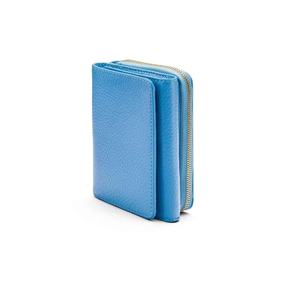 RFID blocking leather tri-fold purse, blue, front view