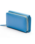 RFID blocking leather tri-fold purse, blue, back view