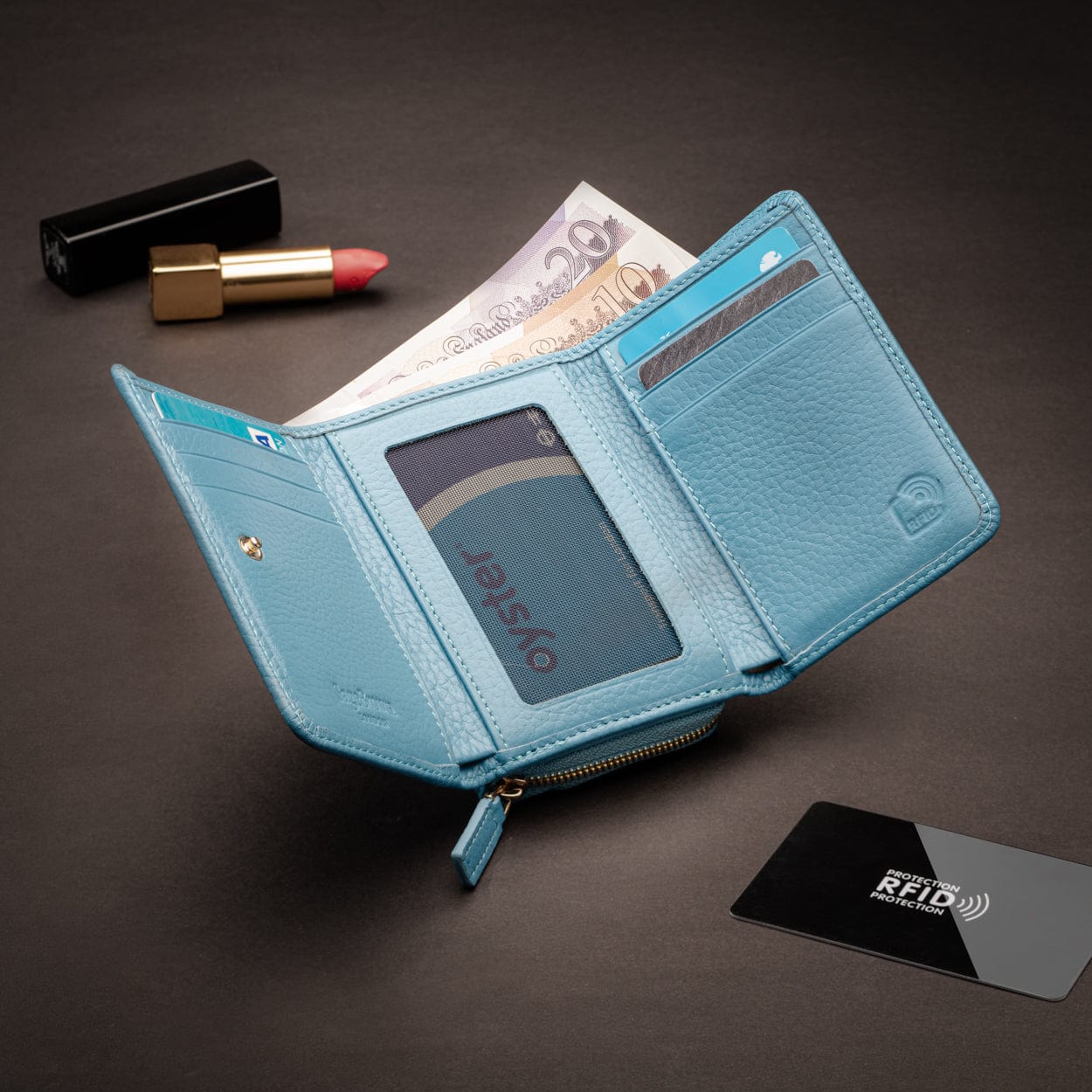 RFID blocking leather tri-fold purse, blue, lifestyle