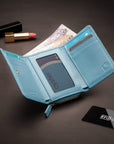 RFID blocking leather tri-fold purse, blue, lifestyle