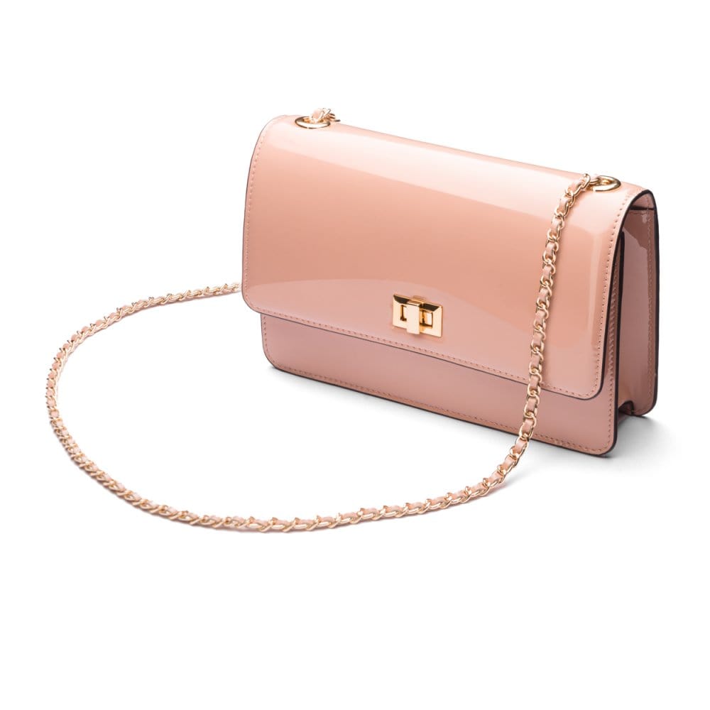 Leather chain bag, blush patent, side view