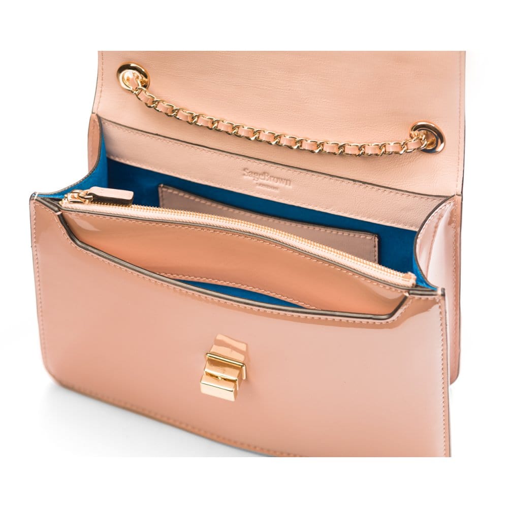 Leather chain bag, blush patent, inside view