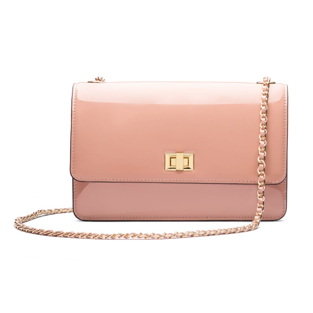Leather chain bag, blush patent, front view