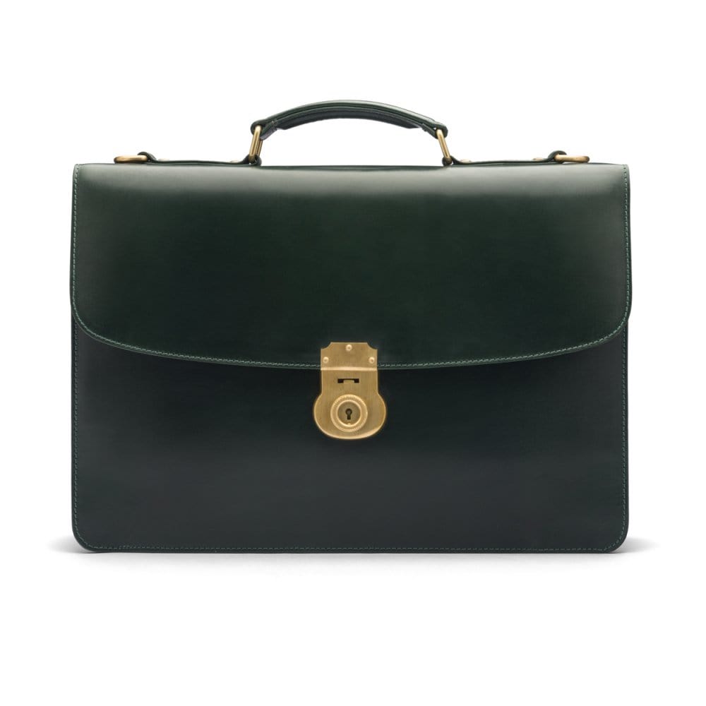 Bridle hide briefcase with brass lock, Harvard, green, front
