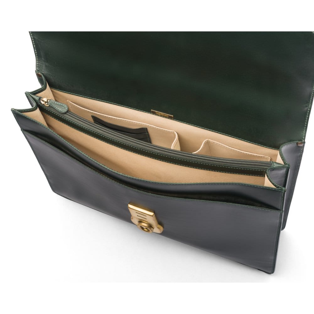 Bridle hide briefcase with brass lock, Harvard, green, inside