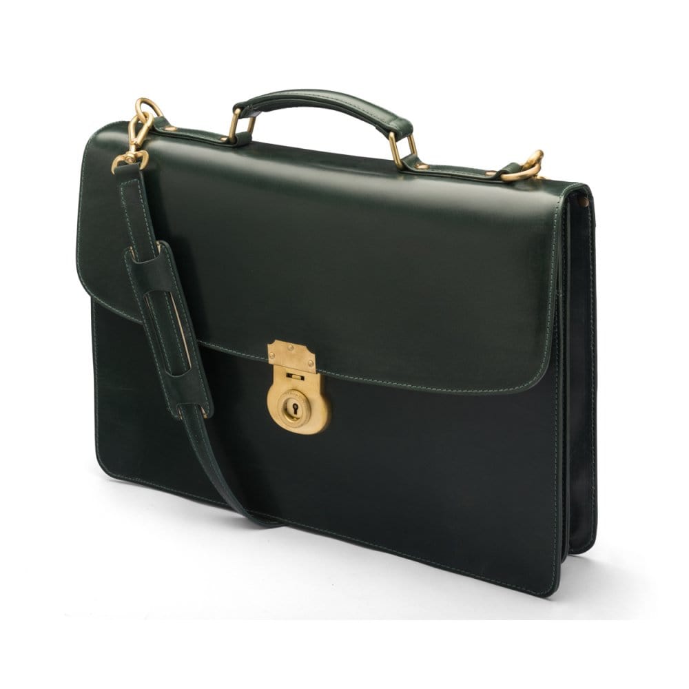 Bridle hide briefcase with brass lock, Harvard, green, side