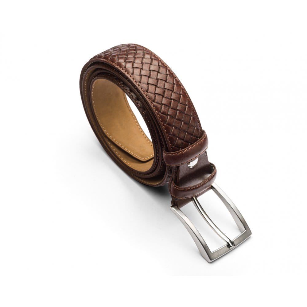 Woven leather belt for men, brown