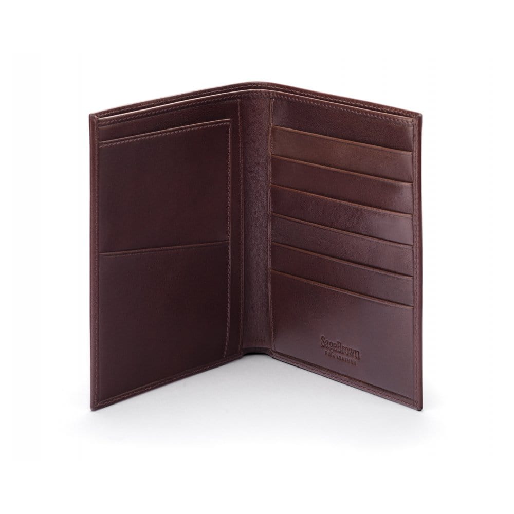 3/4 length tall bifold wallet with 6 CC, brown, open