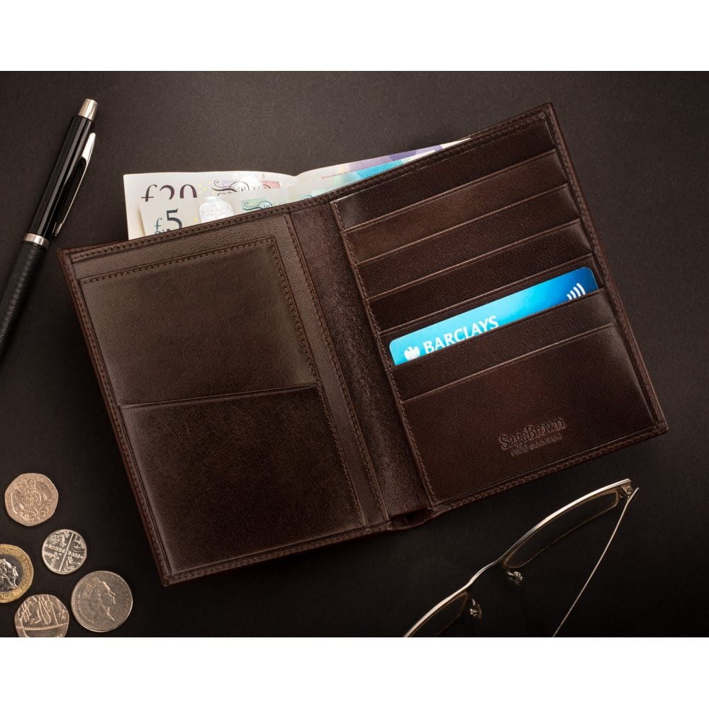 3/4 length tall bifold wallet with 6 CC, brown, lifestyle