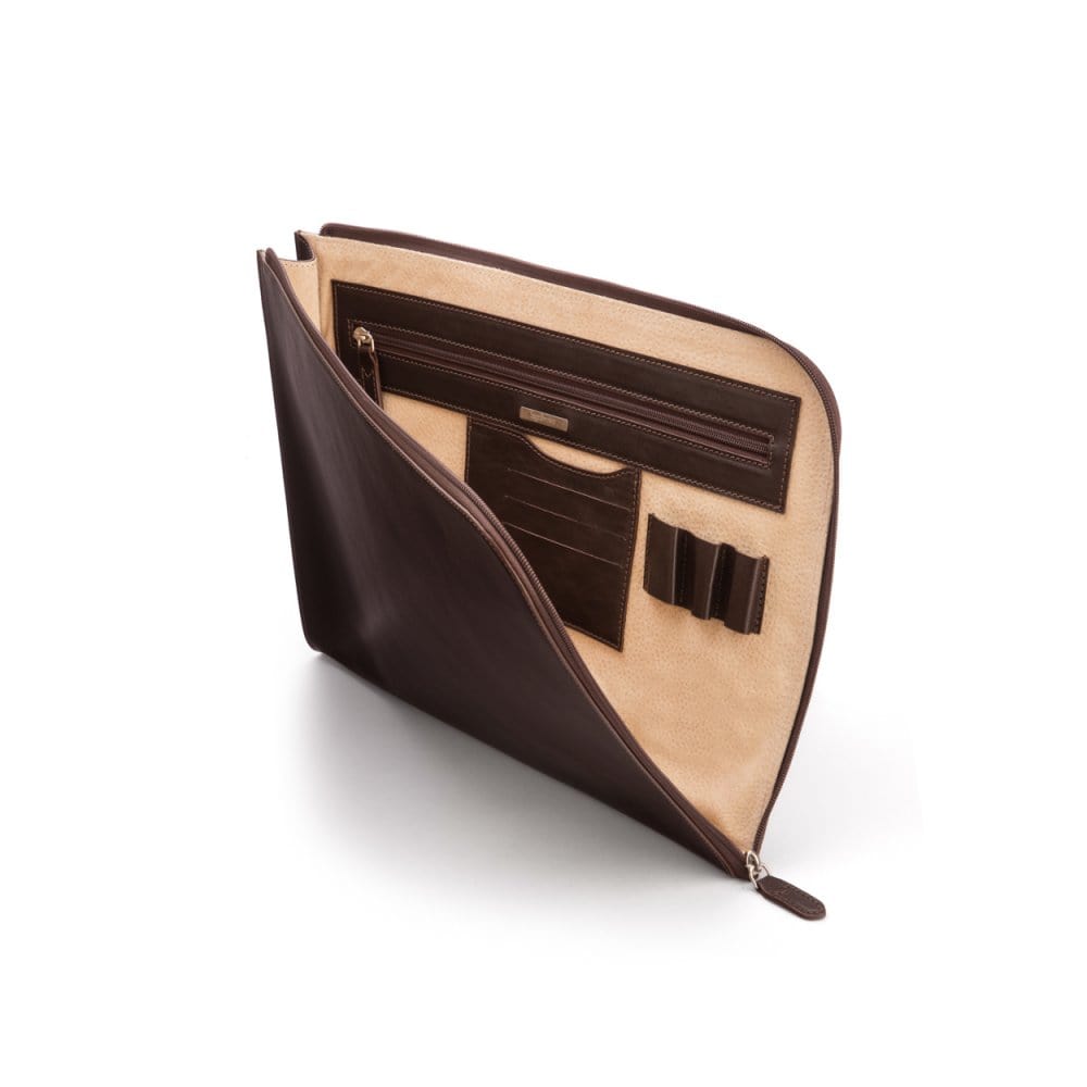 A4 zip around leather folder, brown, inside