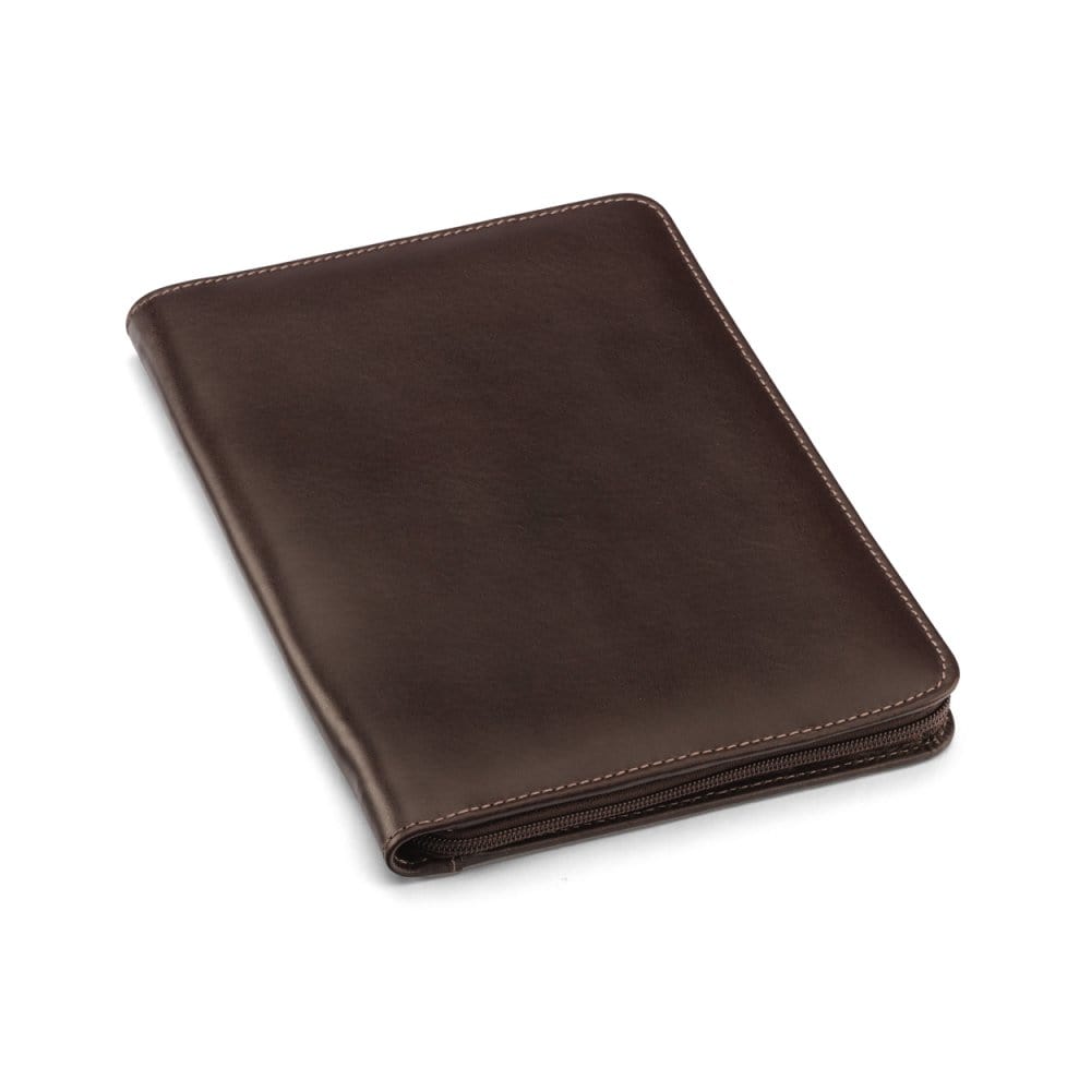 A5 zip around leather folder, brown, front