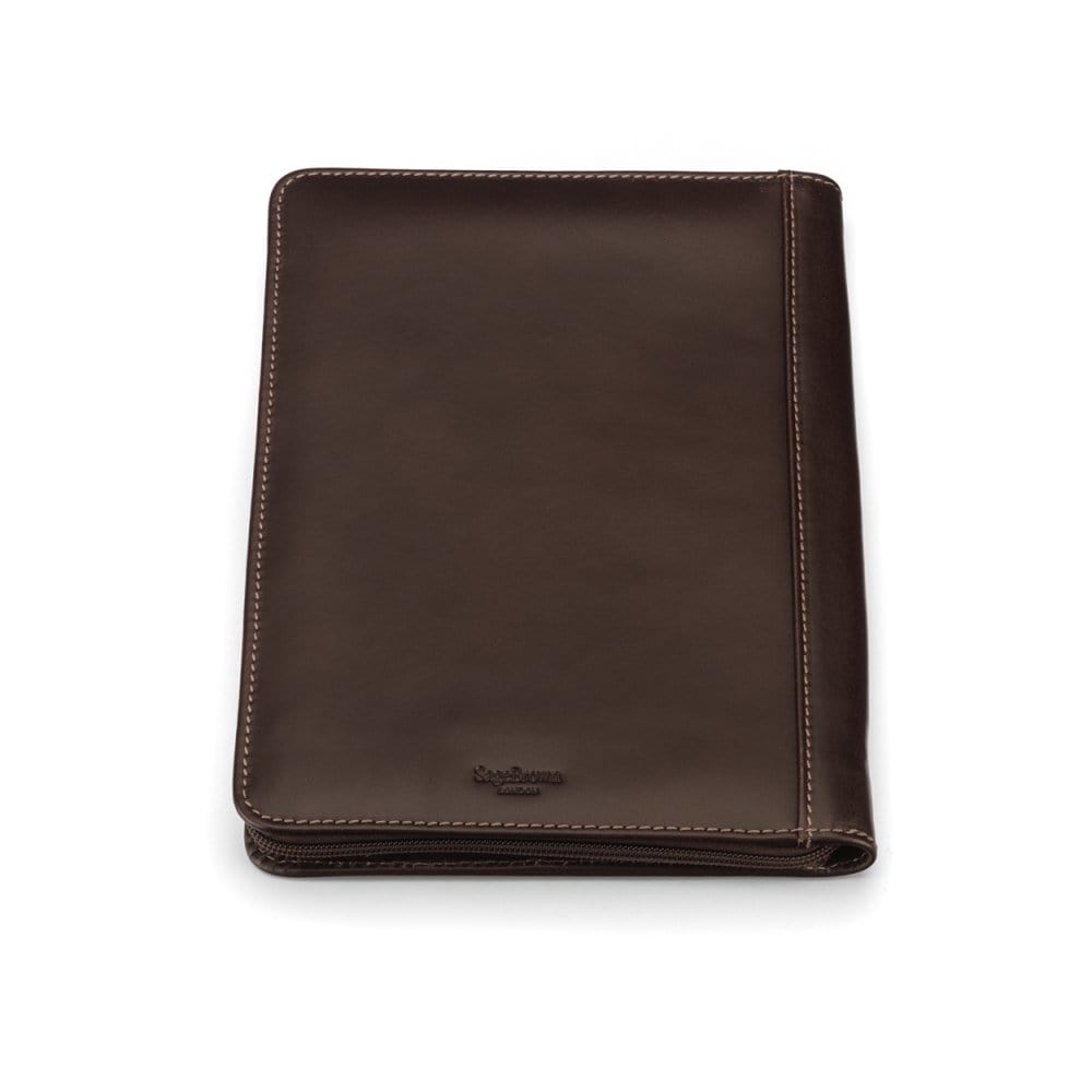 A5 zip around leather folder, brown, back