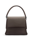 Leather handbag with flap over lid, brown, front view