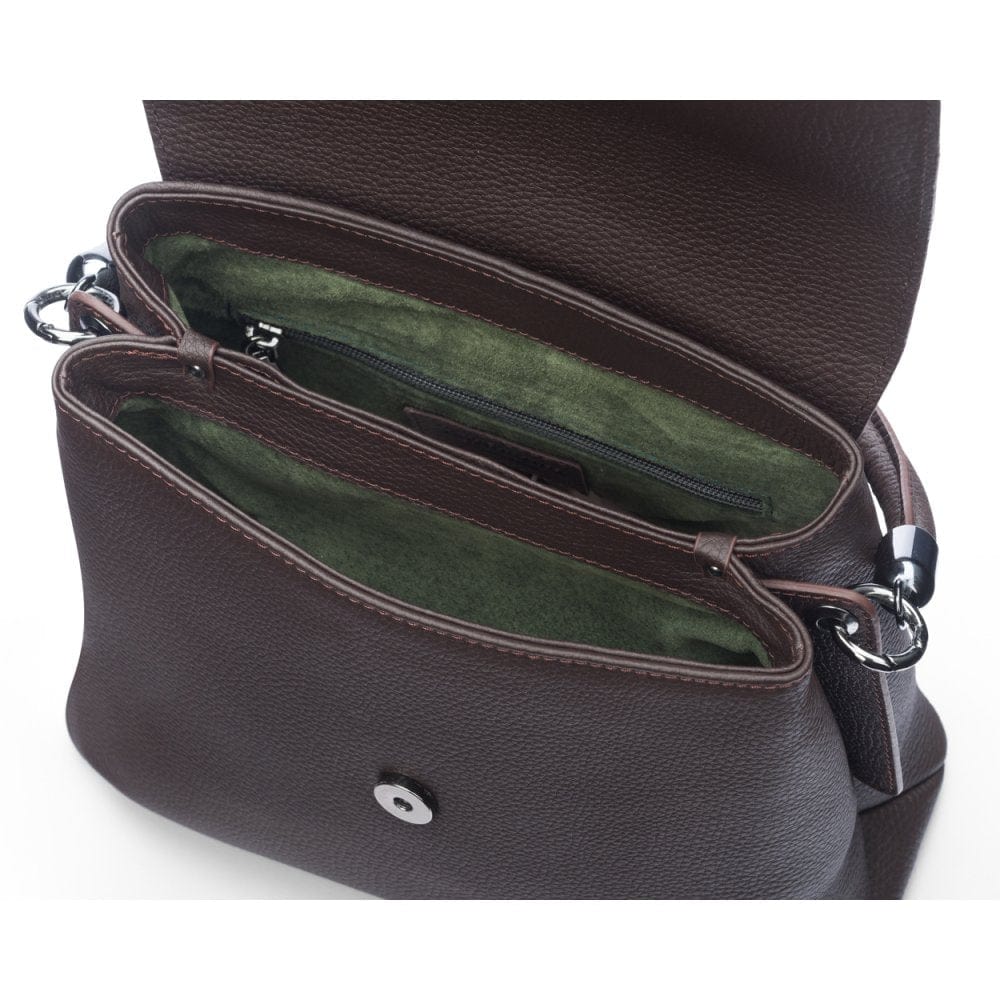 Leather handbag with flap over lid, brown, inside view