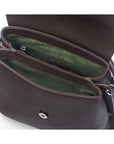 Leather handbag with flap over lid, brown, inside view