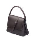 Leather handbag with flap over lid, brown, side view