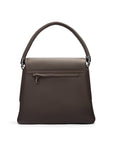 Leather handbag with flap over lid, brown, back view