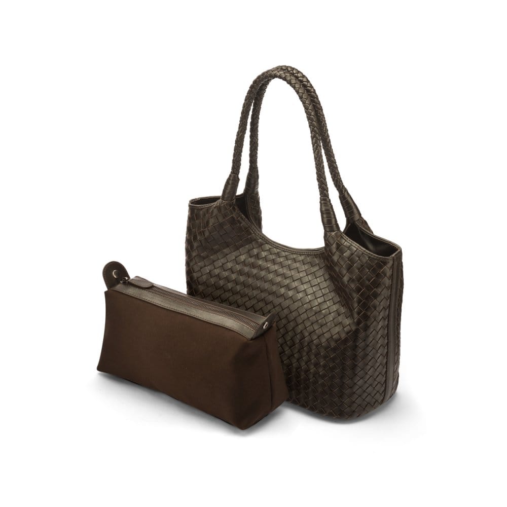 Woven leather shoulder bag, brown, with detachable inner bag