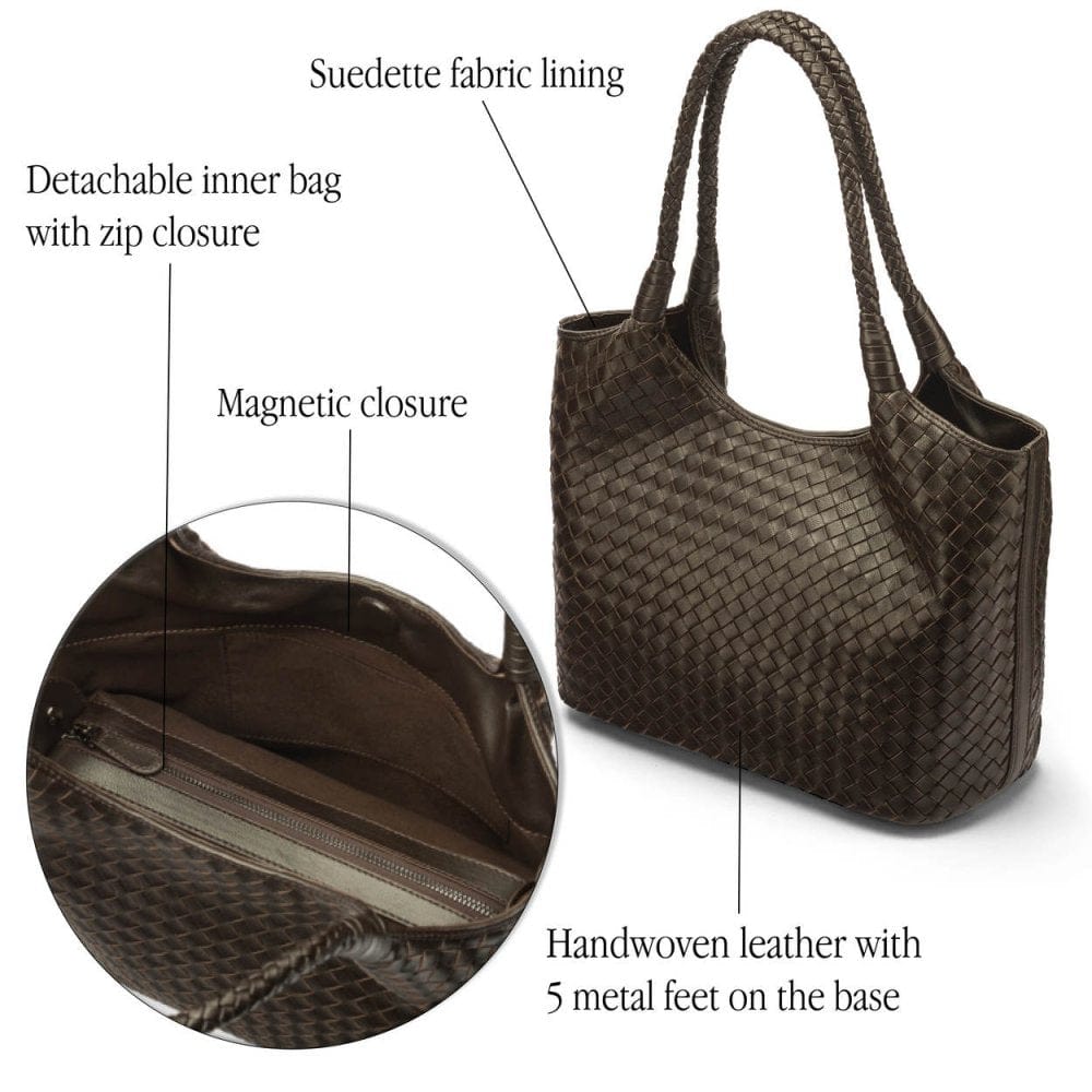 Woven leather shoulder bag, brown, features