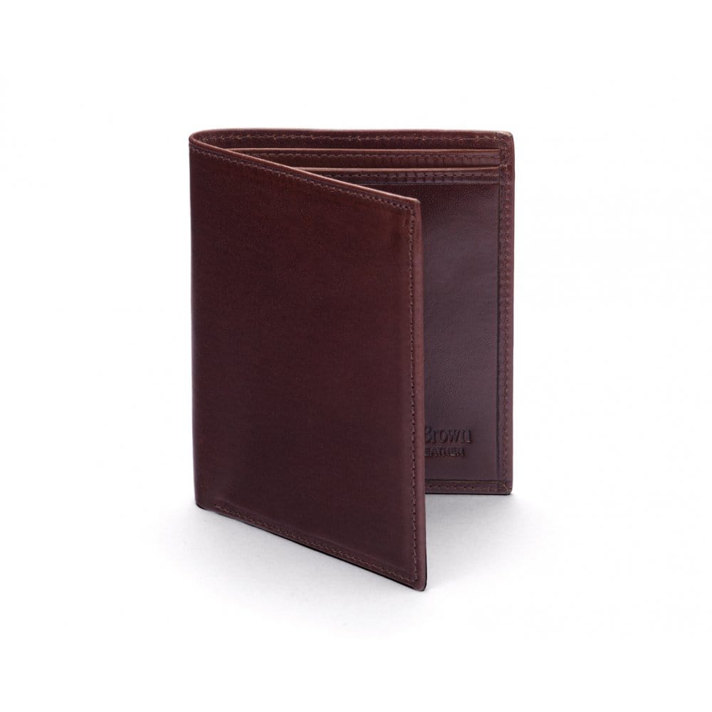 Bifold leather wallet with 6 credit cards, brown, front