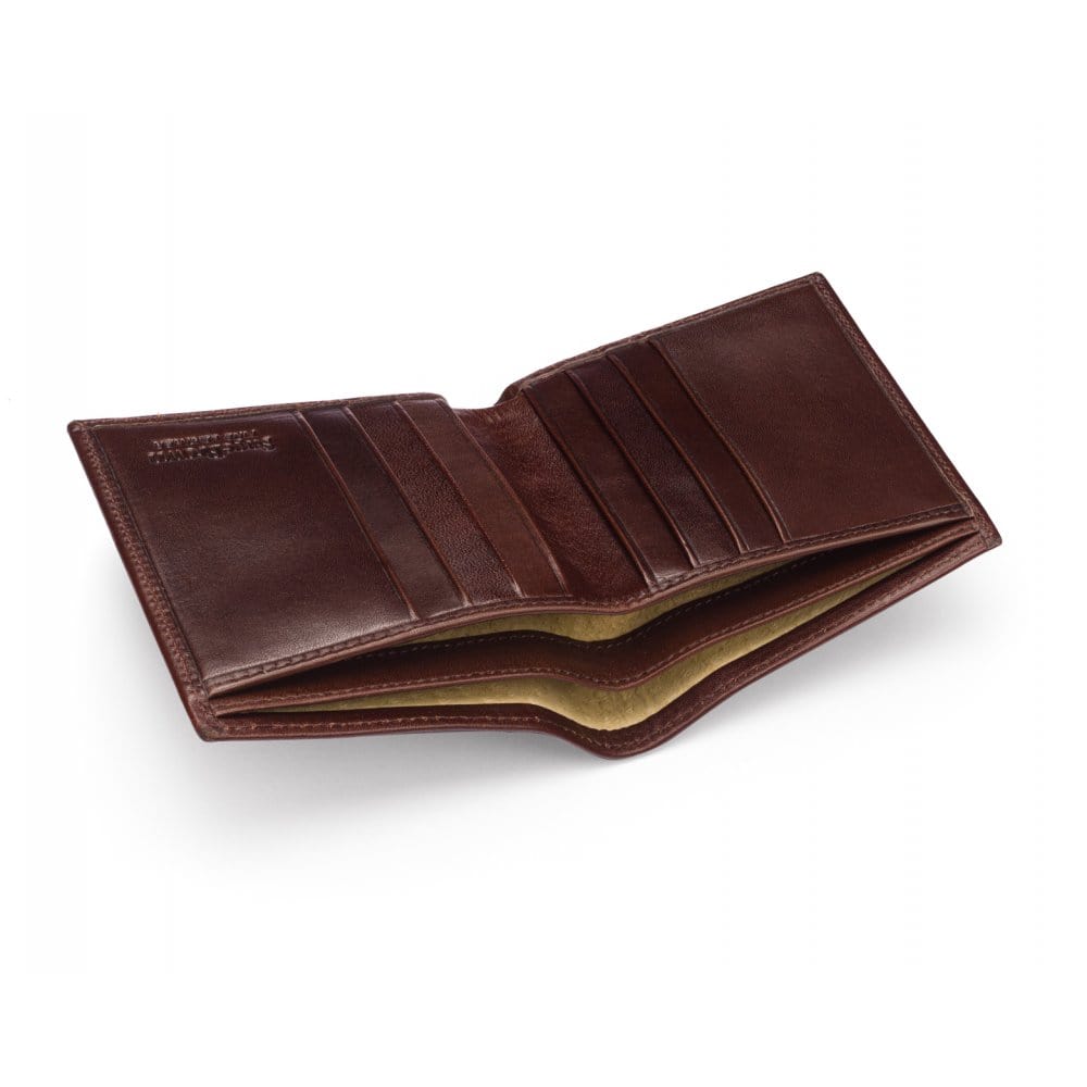 Bifold leather wallet with 6 credit cards, brown, inside