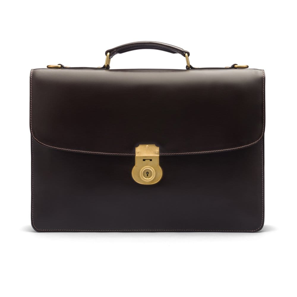 Bridle hide briefcase with brass lock, Harvard, brown, front