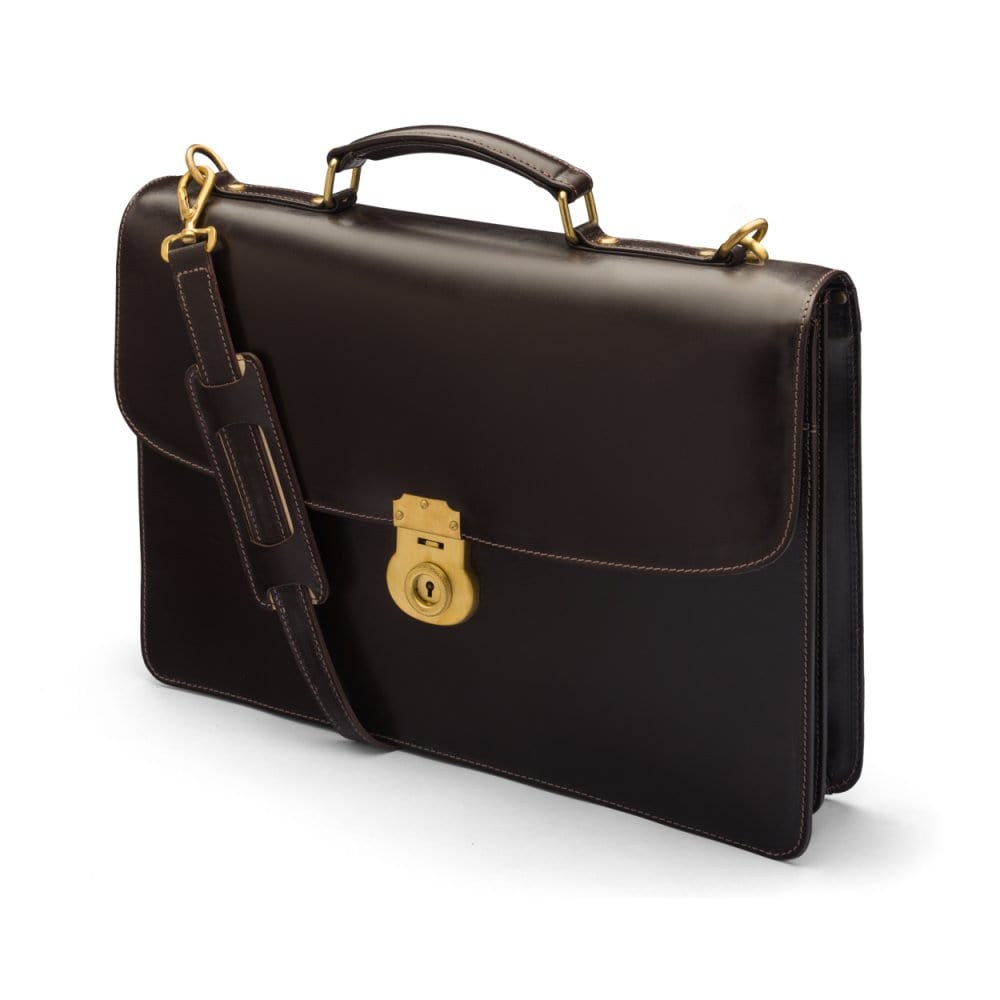 Bridle hide briefcase with brass lock, Harvard, brown, side