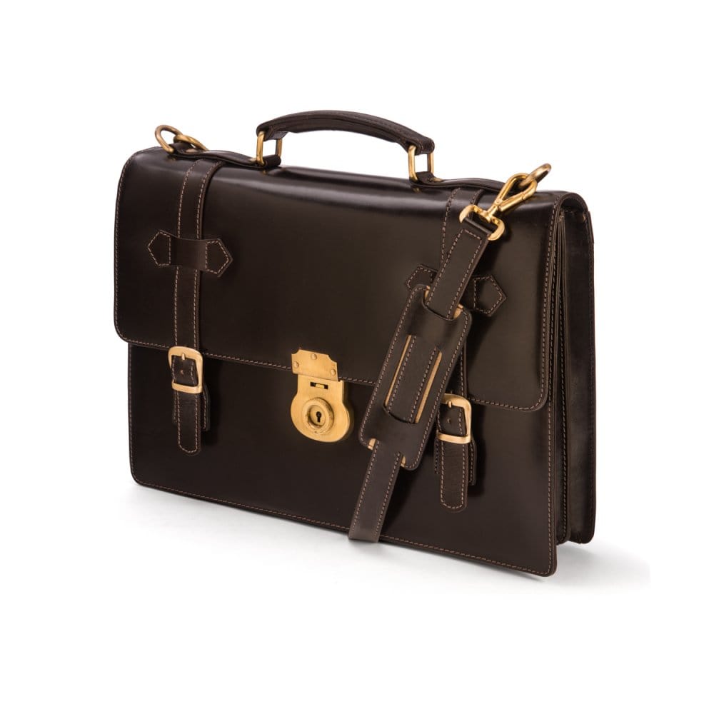 Leather Cambridge satchel briefcase, brown bridle, side